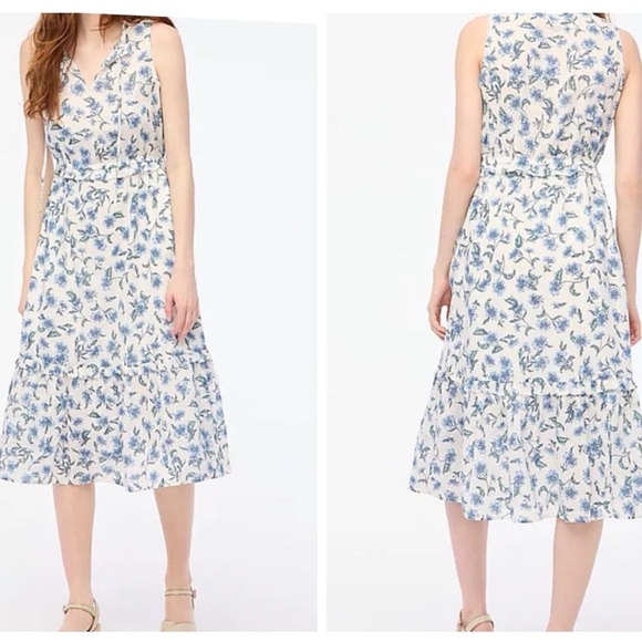 J Crew Factory | Tie-Front Midi Sundress | Ivory & Sunfaded Blue Floral | Size 8 - Picture 1 of 16